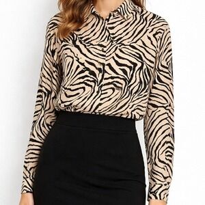 Zebra Print Button Down Shirt Womens XS Cream Black Animal Pattern
